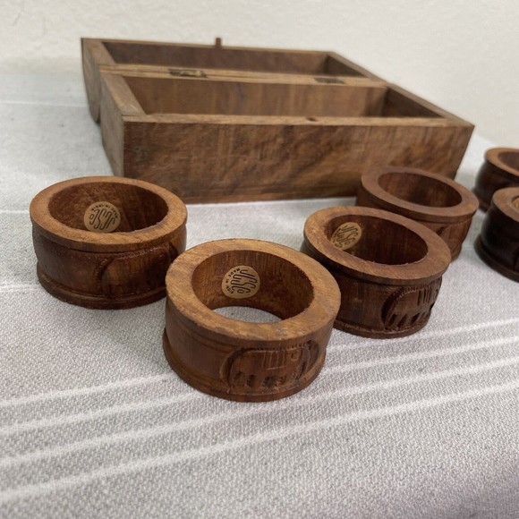 Vintage JCS Co Hand Carved Wood Elephant Napkin Rings Set Of 6 With Wooden Box - Picture 12 of 16